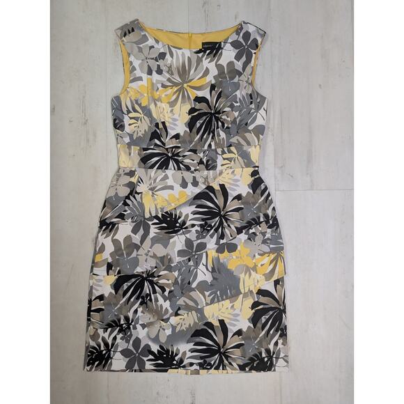 Asymmetric Draped Panel Sheath Dress 8 Tropical Floral Yellow Gray Black Office - Picture 7 of 10
